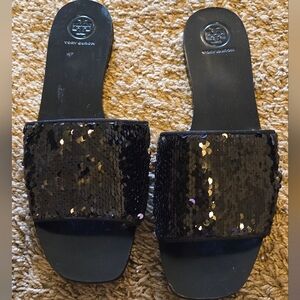 Tory Burch size 10 black and/or silver sequin sandals